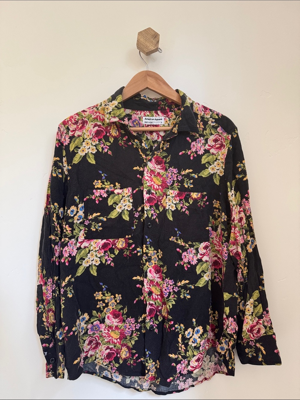 American Apparel Black Floral Button-Up Shirt with Pink & Green Blooms